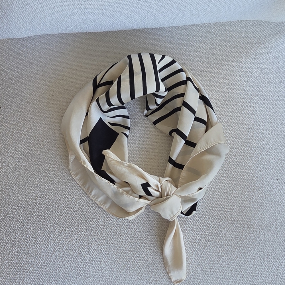 Cream & Black Geometric Print Scarf – Satin Hair Wrap - Picture 4 of 6